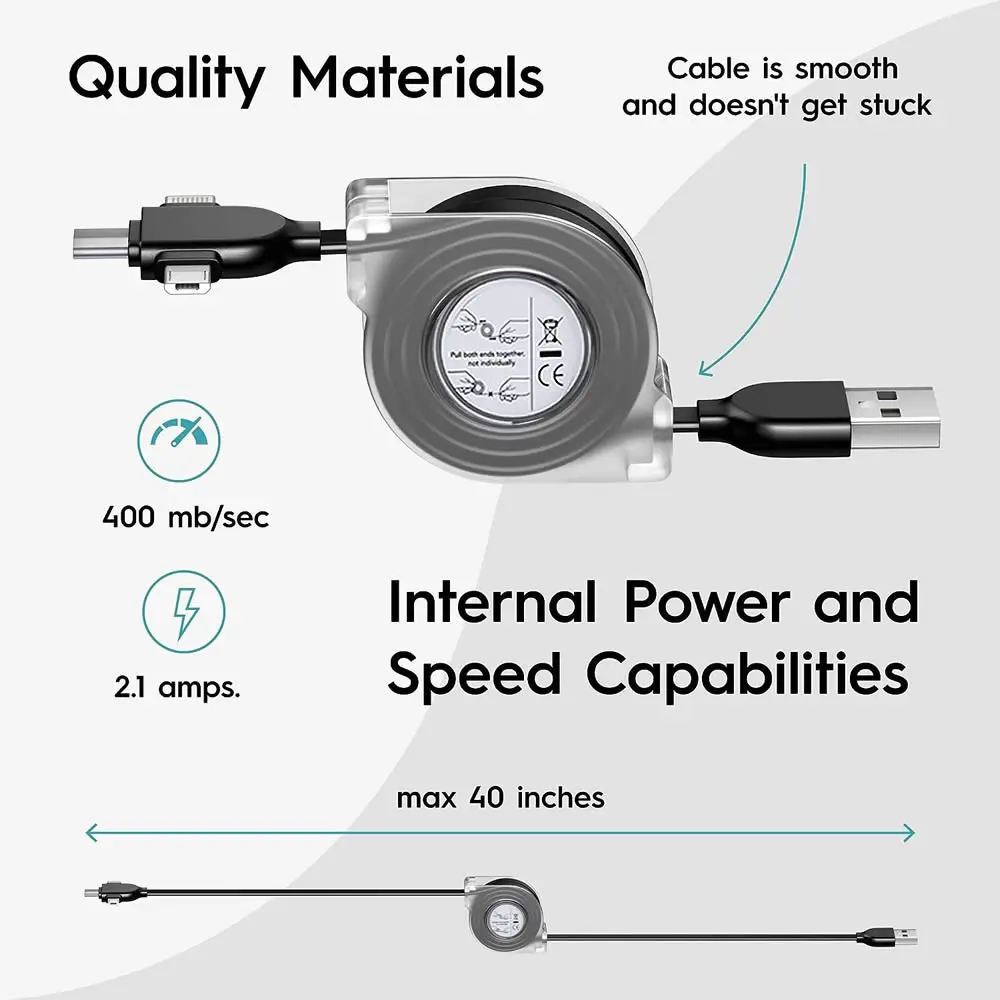 Universal Retractable 3-in-1 Fast Charging Cable with USB, Micro USB, and Type-C Connectors