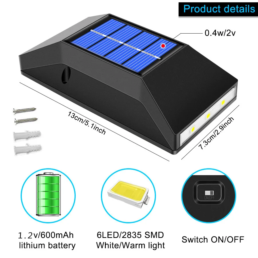 2 Packs of 6Led Square Solar Cooling and Warm Light Wall Lights, Lower Lighting Street Lights/Wall Lights, Solar Powered, Spotlight, Environmental Protection, Suitable for Outdoor Terraces, Swimming Pools, Balconies, Porchs, Fences, Garden Decorative Lighting