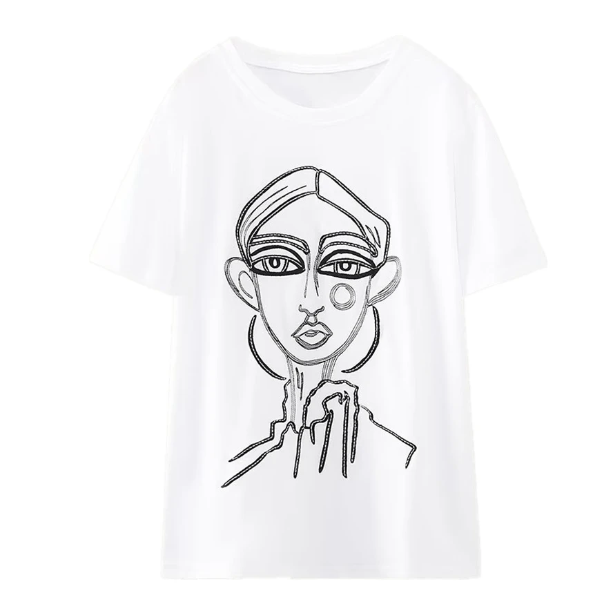 

Elmsk Fashion Girls Printed White Summer T-Shirt Solid Color Round Neck Casual T-Shirt Tops Women