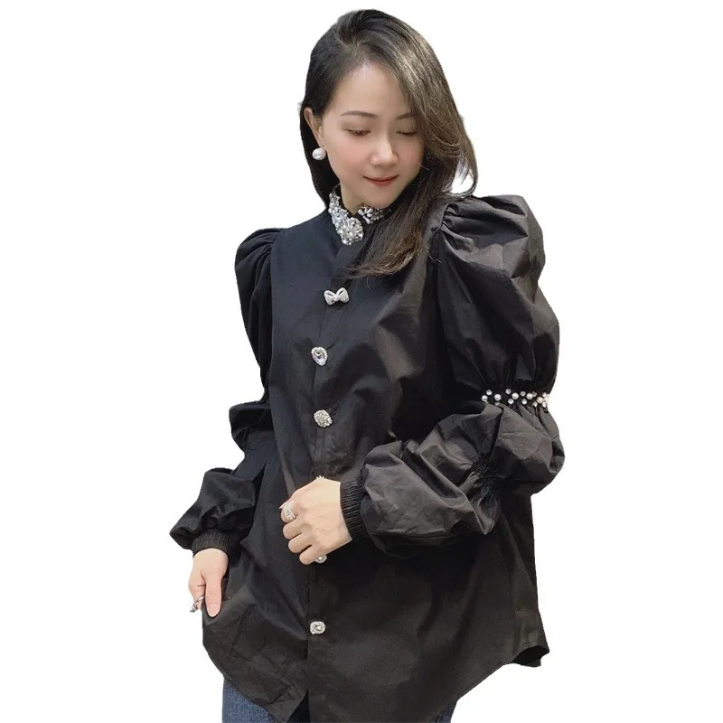 Spring Summer New Diamond Long Sleeved Top Stand Up Neck Design Bubble Sleeves Loose Shirt Women Casual Cardigan Tops