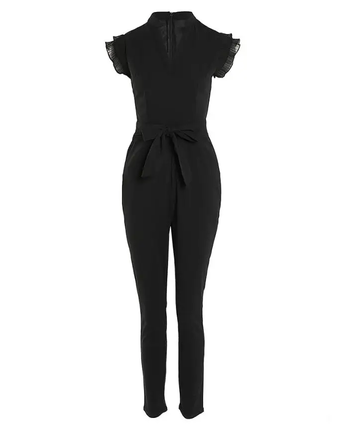 Women's Chic Fashion Jumpsuit 2024 Spring Summer Latest V-Neck Flutter Sleeve Pocket Design Romper Zipper with Belt Bodysuit