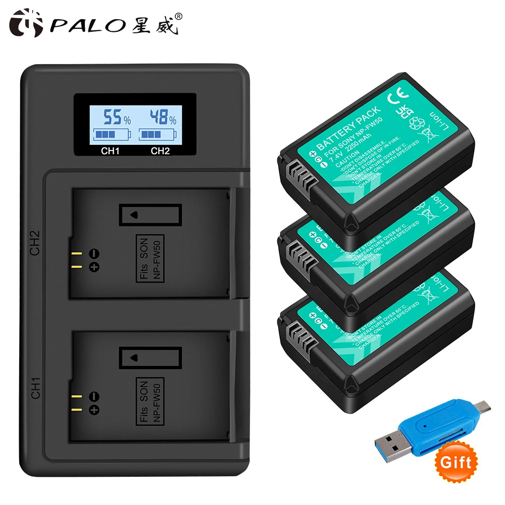 3Pcs 2000Mah Np-Fw50 Np Fw50 Npfw50 Batteria Akku + Lcd Doppio Caricatore Per Sony Alpha A6300 A6500 A7 7R A7R A7R Ii A7Ii Nex-3 Nex-5