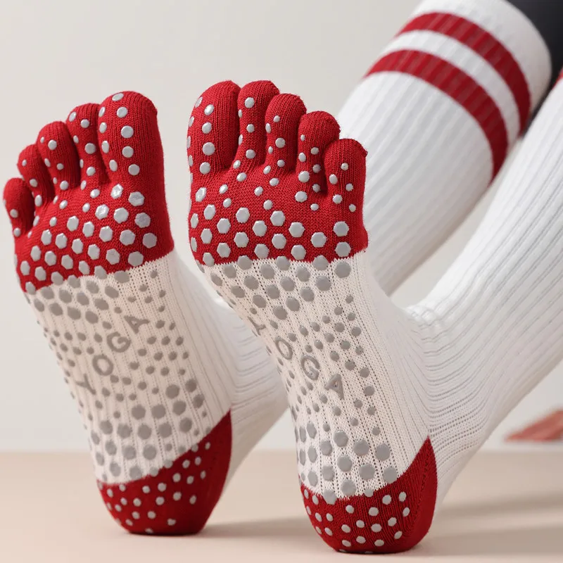 1 Paar Damen Anti-Rutsch-Pilates Fünf-Finger-Socken Frühling Herbst Professionelle Anti-Rutsch-Schwarz-Weiß-Streifen Fünf-Zehen-Silikon-Yoga – Detail 9