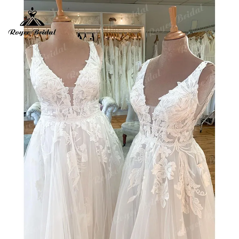 

V Neck A Line Boho Lace Wedding Dress Appliques Open Back Tulle Plus Size 2023 Vintage Bridal Gown vestidos de novia Elegant