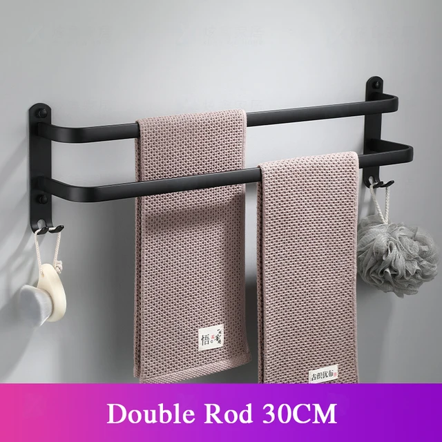 Bathroom Towel Rack 30-60CM Wall Mounted Shower Room Holder Kitchen Aluminum Multilayer Layer Wiht Hook Black Hanger Accessories Double Rod 30cm