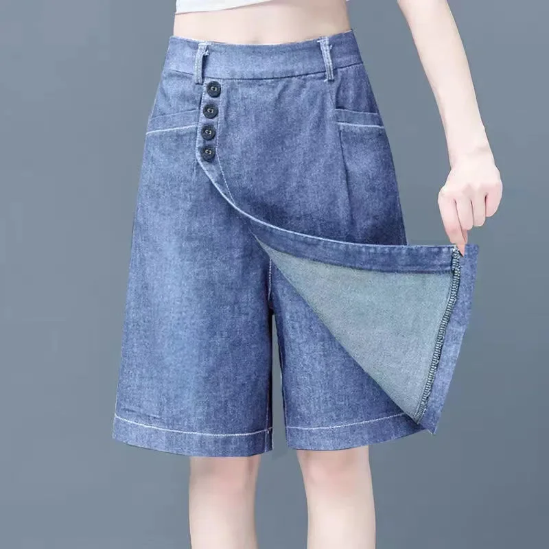 

Wide-Leg Pants Skirt Women's Summer Thin Denim Short Pants 2024 New Fashion Ladies Loose Shorts High Waist Five-Point Jeans