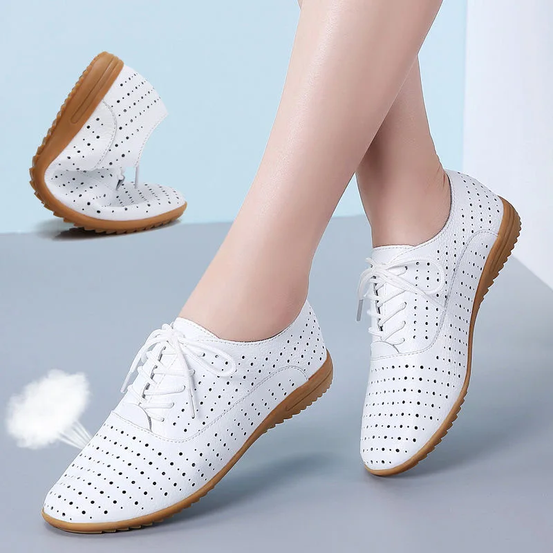 Summer Breathable Hollow White Shoes Women Flats Shoes Genuine Leather Women Sneakers Lace Up Loafers Soft Oxford