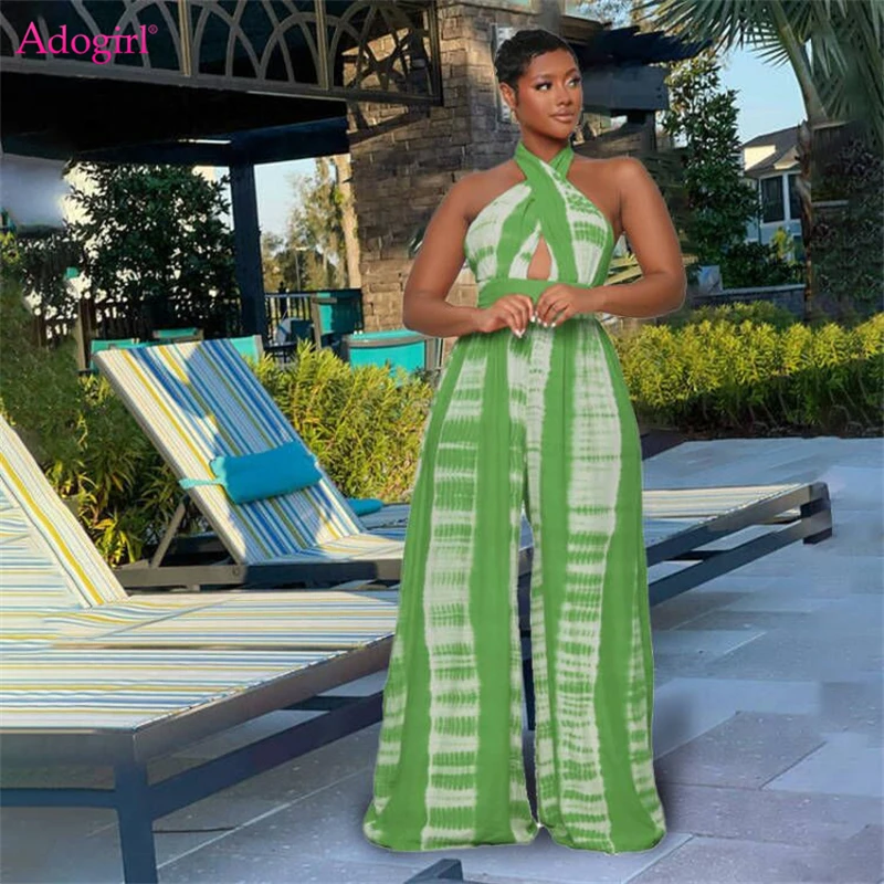 

Adogirl Tie Dye Print Loose Jumpsuit Women Summer Overalls Sexy Cross Halter Backless Bodysuit One Piece Wide Leg Pants Outfits