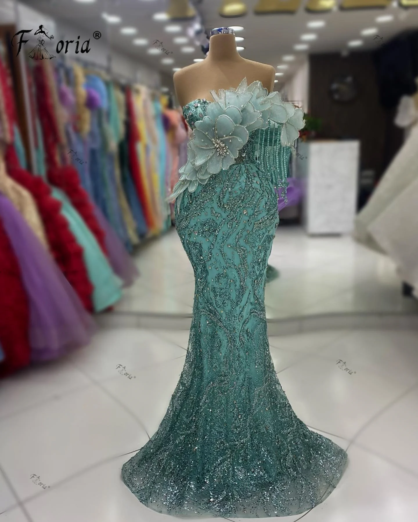 Shiny Sequin Flower Mermaid Formal Evening Dress Dubai One Shoulder Mint Green Wedding Party Gown robes de soirée