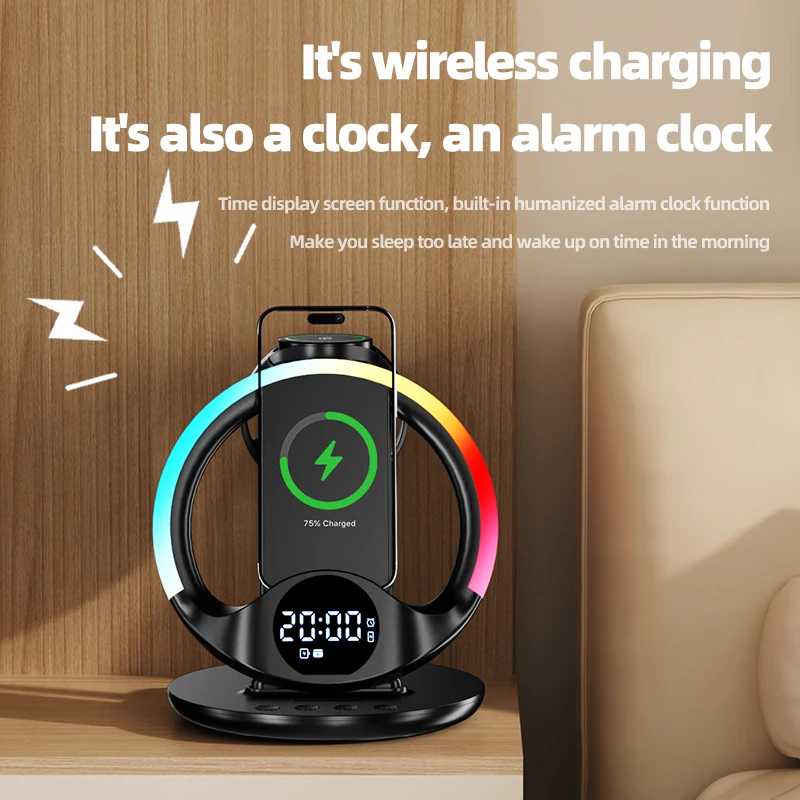 6 in 1 Wireless Charger Stand RGB Light & Alarm Clock for iPhone 17~12 Samsung Apple & Galaxy Watch Airpods 4/3 Pro Buds3/3 Pro
