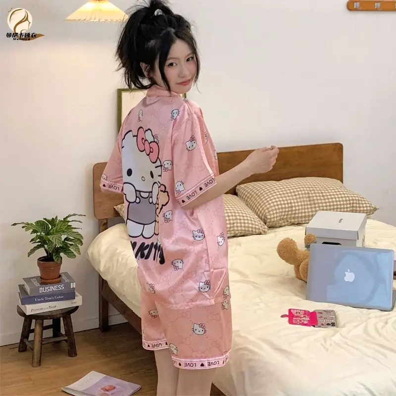 

Sanrio Kawaii Anime Hello Kitty Pink Three Piece Set Home Fury Cute Sleepwear Summer Ice Silk Short Sleeved Shorts Toys for Kids