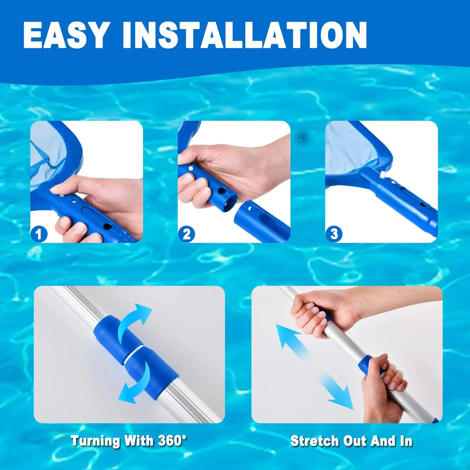 Swimming Pool Skimmer Net 3 Section Telescopic Pole Fine Mesh Deepwater Net Cleaning Leaves and Debris Pond