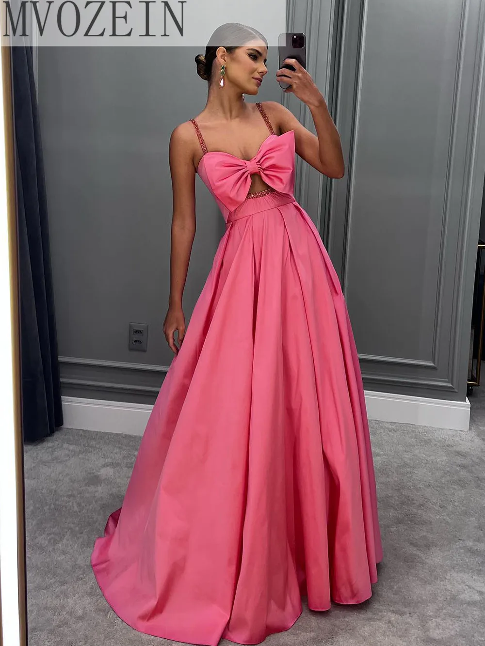 Pink Satin Bow Evening Dress 2023 Long Formal Dress Spaghetti Strap Women  Party Dresses A-Line Elegant Evening Dresses _ - Aliexpress Mobile