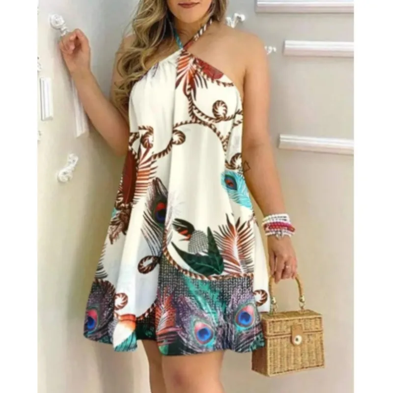 

Sexy Summer Printing Backless Dresses Off-shoulder Neck Tie Loose Women's Mini Dress Sexy Halter Sleeveless Vestido Sand Mujer