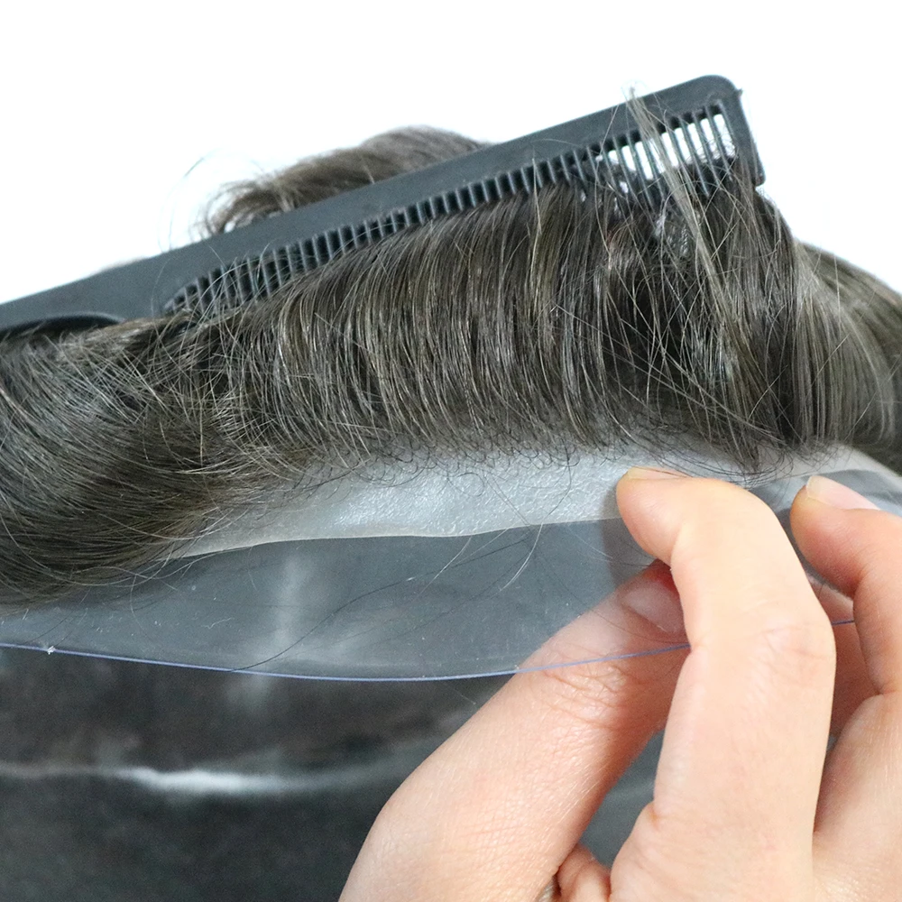 Natural Hairline Men's Toupee V-loop 0.06-0.08mm PU Base Hair Replacement System Straight/Wavy Hair for Options Blonde 3