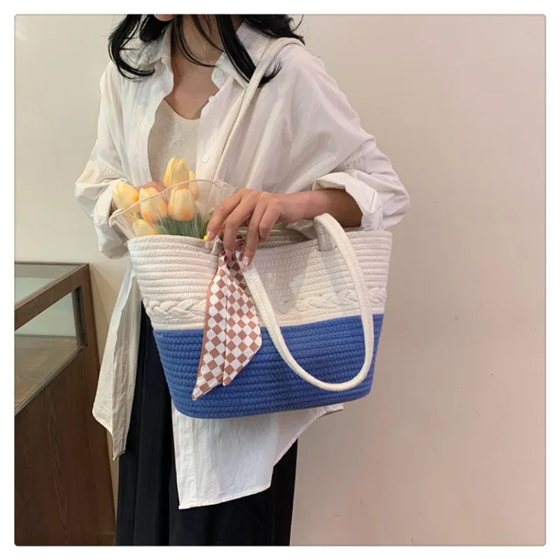 Cross-border Large-capacity Cotton Knitted New Color-blocked Shoulder Bag Vacation Beach Bag Vacation Straw Shoulder Bag