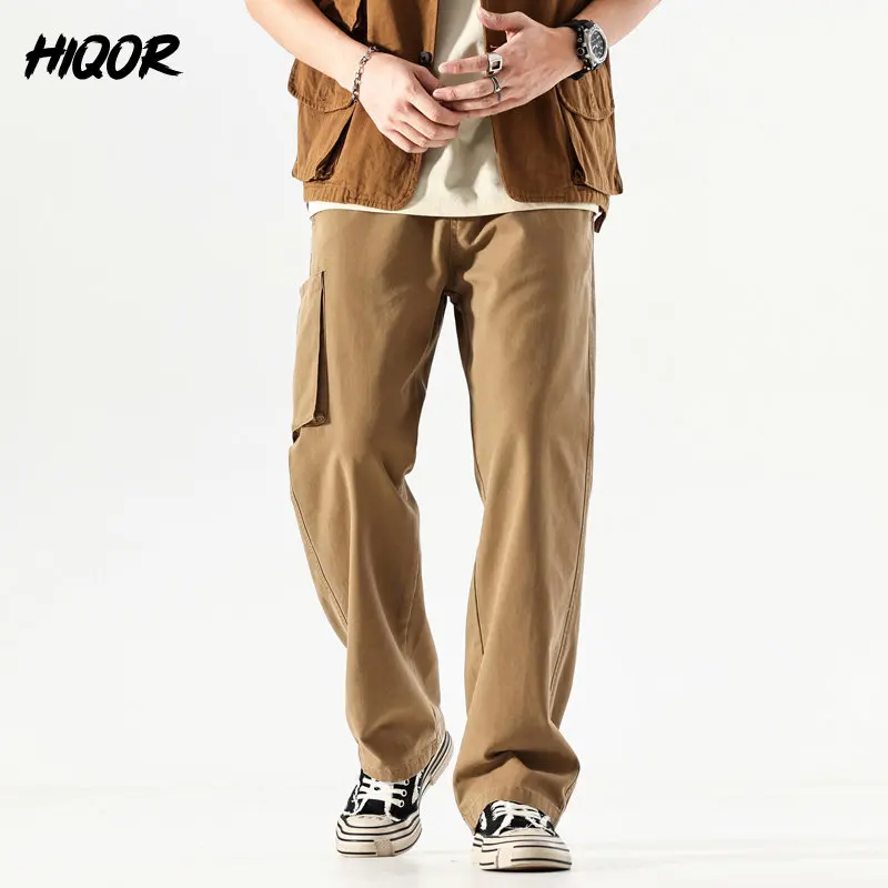 

HIQOR 2023 New Man Straight Cargo Pants Mens 100% Cotton Outdoor overalls Fashion Harajuku Streetwear Trousers Khaki Baggy Pants