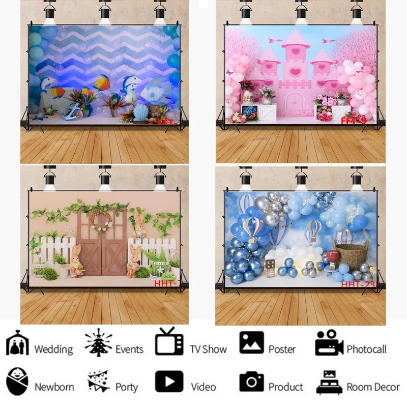 

Personalized Decoration With Colorful Balloon Illustration Background Newborn Baby Birthday Photography Backdrops FSS-107