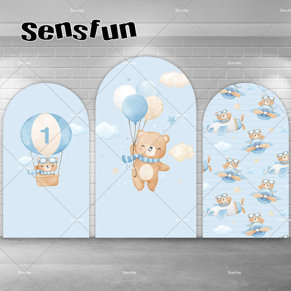 

Oh Baby Arch Backdrop Hot Air Balloon Bear Pilot Airplane Boys Baby Shower 1st Birthday Party Chiara Wall Backgrounds Doubleside