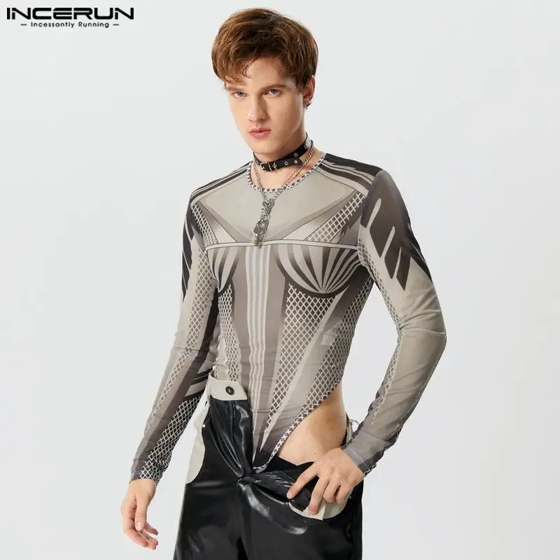 

Men Bodysuits Printing O-neck Long Sleeve Skinny Sexy Rompers Male T Shirts Streetwear 2023 Transparent Fashion Bodysuit INCERUN