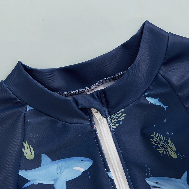 Toddler Infant Boy Rash Guard Swimsuit Shark Print Long Sleeve Half Zip up Bathing Suit Sun Hat 2 Pcs Swimwear Set