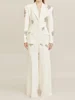HIGH QUALITY Newest 2024 Designer Suit Women  Beaded Diamonds Single Button Suit Blazer Wide-leg Pants Set 2PCS 1