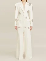 HIGH QUALITY Newest 2024 Designer Suit Women  Beaded Diamonds Single Button Suit Blazer Wide-leg Pants Set 2PCS 1