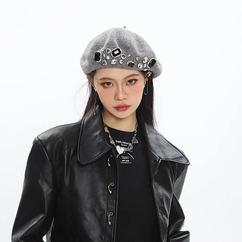 

Women's Fashion Versatile Handmade Rhinestone Wool Beret 22ss New Street Hat Pink Hats for Women Cute Beret
