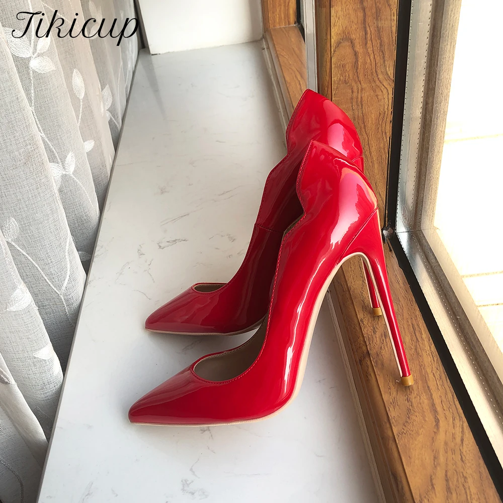 

Tikicup chic Glossy Red Side V Cut Women Sexy Pointy Toe High Heels Fashion Designer Formal Dress Party Shoes Plus Size 33-46