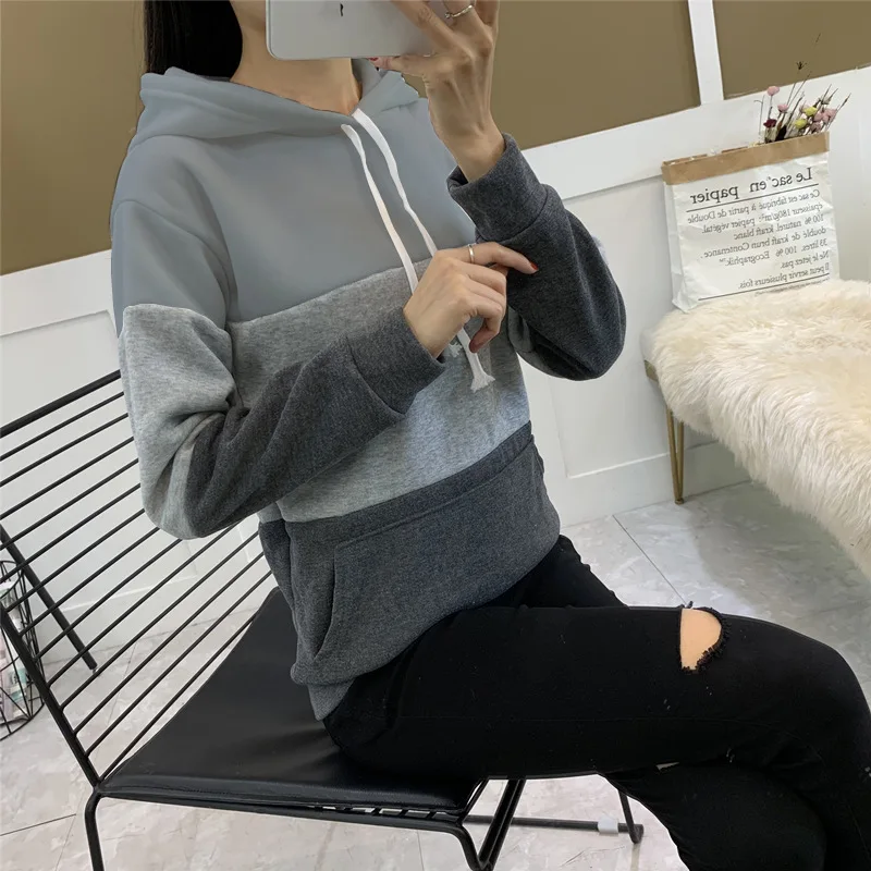 Women Patchwork Long Sleeve Hoodies Solid Loose Straight Tops Fleece For Ladies Girls Streetwear Casual Spring Autumn