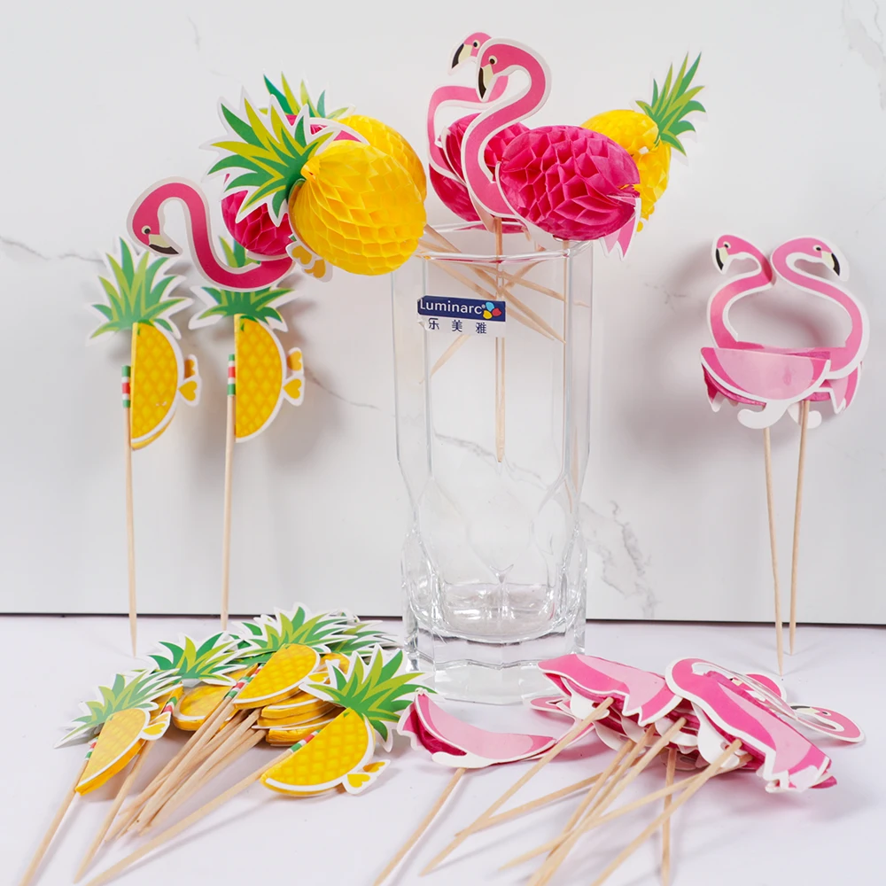 열대 하와이 파티 종이 디저트 칵테일 과일 픽, 플라밍고 파인애플 컵케이크 토퍼, 생일 웨딩 파티 장식, 50 개