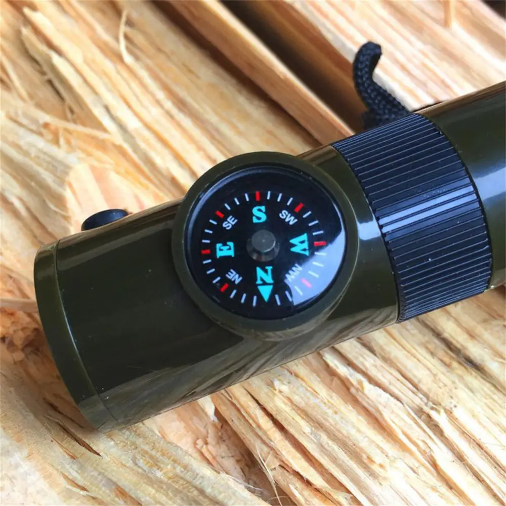 Survival Whistle 7 In 1 ABS High-strength Compass Thermometer Signal Mirror Magnifying Glass Flashlight survival whistle