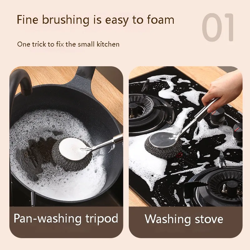 Stainless Steel Wire Ball Brush Hanging Long Handle Bowl Pot Sink Brush Oil Remover Scrubber for Household Kitchen Cleaning Tool