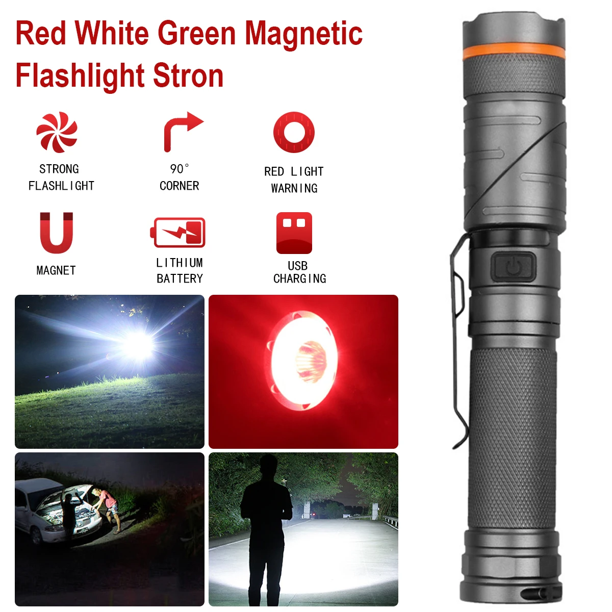 

New LED Flashlight 1200LM 2400mAh 90° Foldable Tactical Flashlight IPX5 Waterproof Magnetic Torch USB Charging Handheld