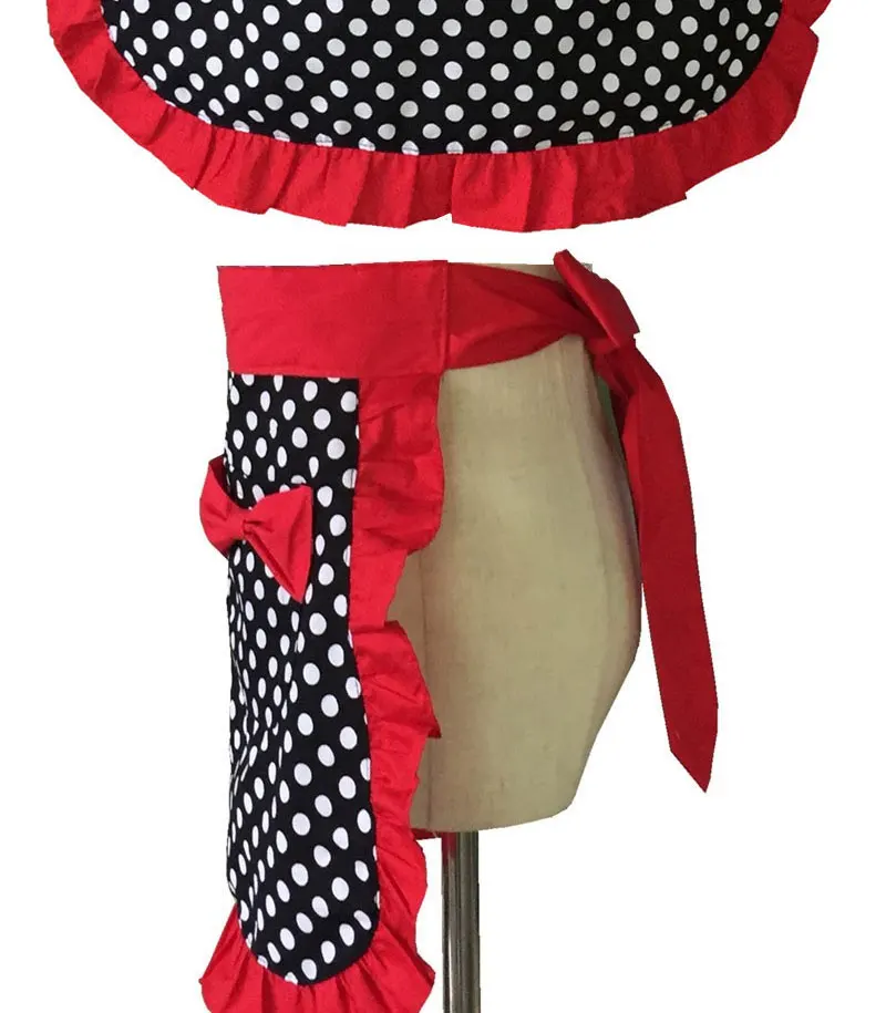 Damen-Taillenschürze mit Tasche, gepunktet, mit Rüschen an der Seite, Baumwolle, halbe Schürze, Schleife, zum Kochen, Reinigen, Arbeitsschürzen, niedliche Schnürschürze – Detail 4