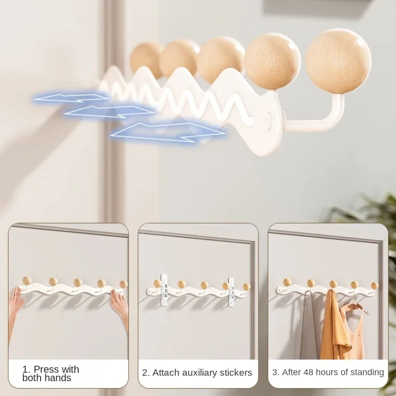 Creative Wave Iron Coat Hanger Wall Mount Row Hook No Punch Wooden Hanger Multi-Functional Bathroom Hook Space-Saving