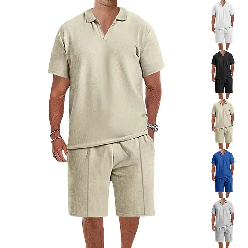 

Summer Men's Sets Solid Color Turndown Collar Short Sleeved T-shirt Casual Shorts Two-piece Set