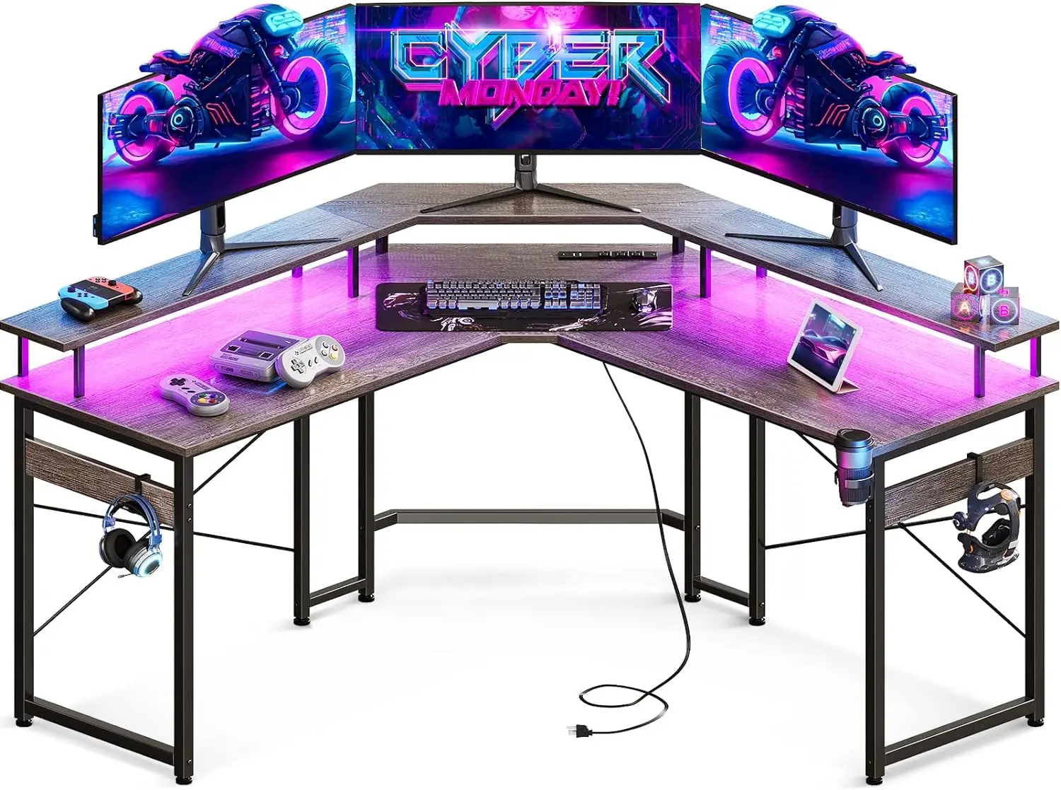 

ODK L Shaped Gaming Desk with LED Lights & Power Outlets, 51" Computer Desk with Full Monitor Stand, Corner Desk with Cup Holder