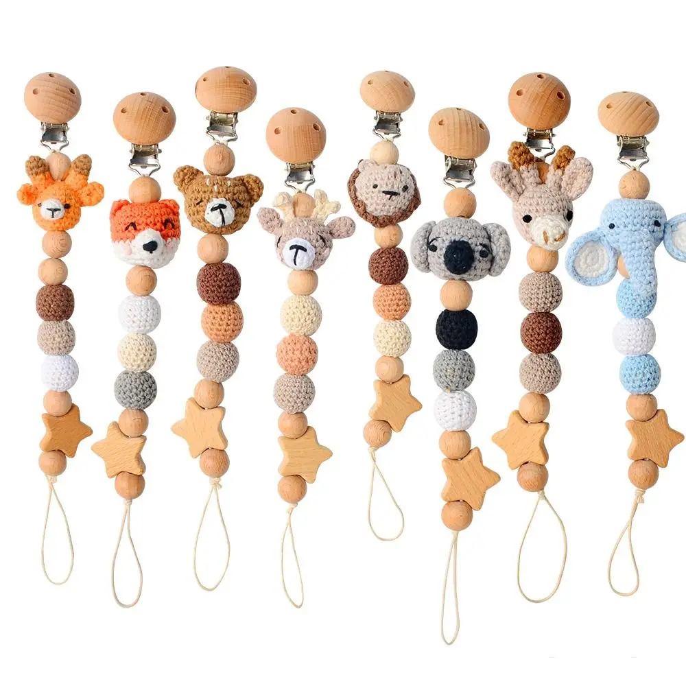 Children Wood Soother Holder Baby Teether Toys Straps Crochet Animal Pacifier Clips Pacifier Holder Clips Baby Pacifier Chain