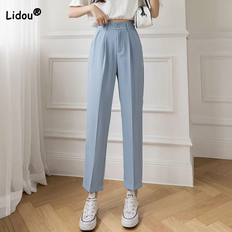 Simplicity Commute Women's Solid Color Suit Pants Summer New All-match Casual High Waist Pockets Cropped Pants Female Clothing