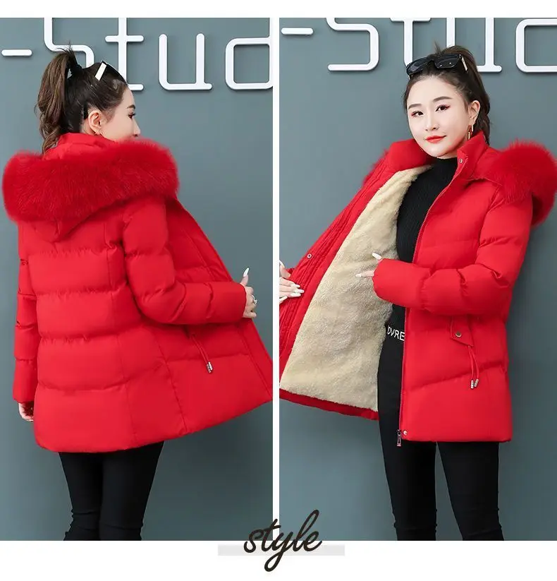 Women's Coat Cotton Coat for Women Mid-length Winter Padded Thickened Warm Removable Collar Hooded Cotton Clothes Zipper Pockets