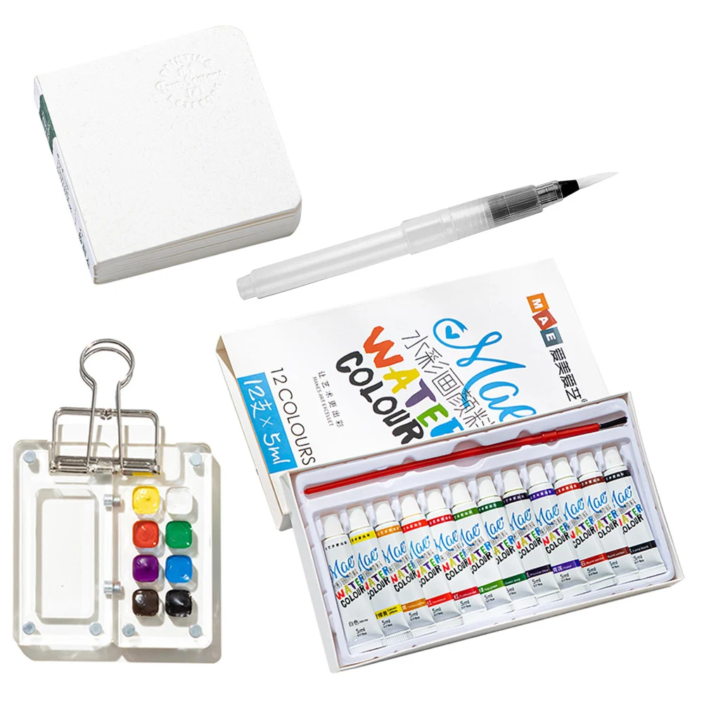 Mini Portable Watercolor Palette Set Watercolor Sketch Book With Binder Clip Brush Acrylic Grid Paint Box