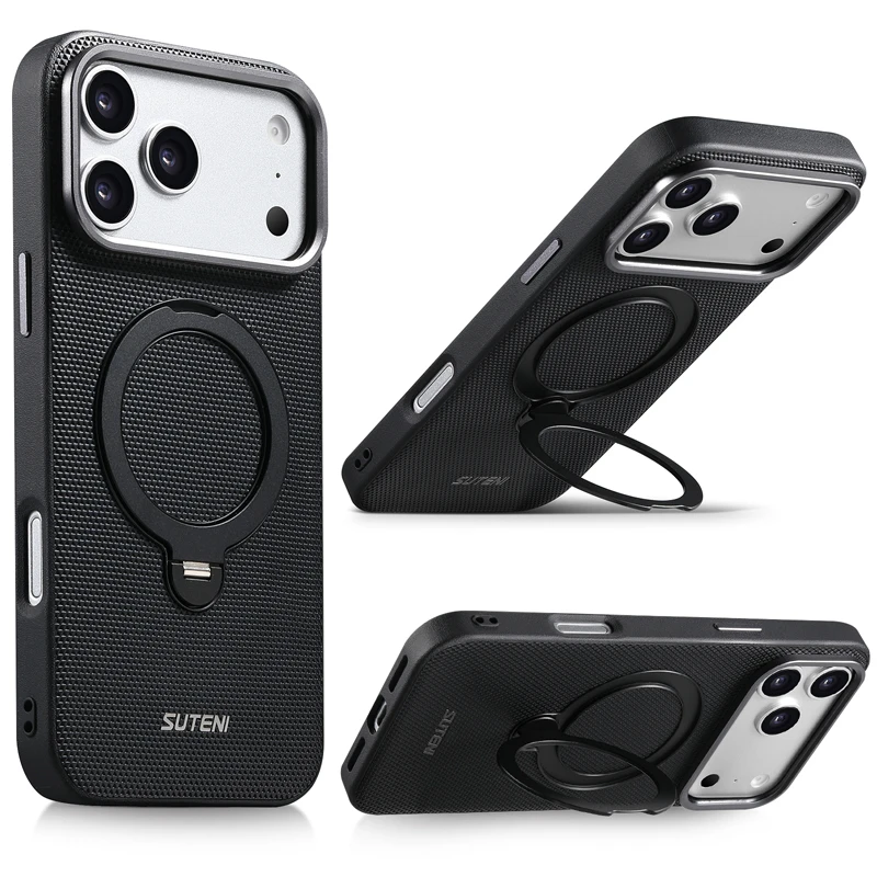 Luxury Business Triangle Texture Leather Phone Case with 360° Rotating Metal Ring Stand