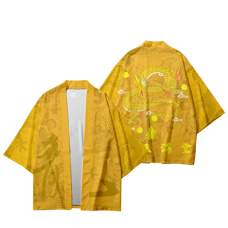 Men's Japanese Kimono Loose Cardigan Comfortable Daily Summer Chinese Style Anime Print Yellow Shirt Top Women Haori