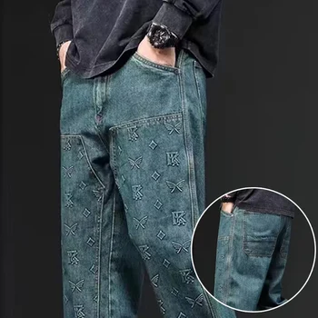 Men's Trend Brand Straight Leg Denim Pants 2024 Aesthetic Streetwear Designer Trousers Chic Steel Stamp Graphic New Jeans Male 1