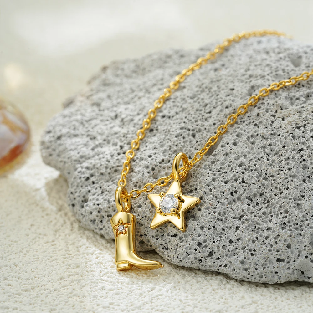 Vintage Cowgirl Zircon Star Pendant Neckalce 18K Gold Plated Cowboy Boots Crystal Clavicle Choker Stainless Steel Trendy Jewelry