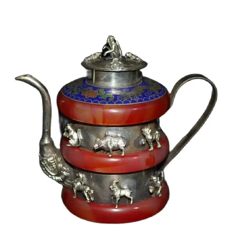 

Handwork Jade & Tibet Silver Carved Relief Chinese Zodiac Dragon Teapot Kettle Agate Pot Home Living Room Decoration Ornaments