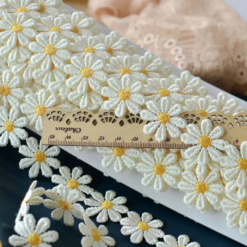 Embroidered Daisy Lace Fabric 3d Flowers Lace Ribbon Dress Collar Hats Headwear Sewing Trimming Decor 1yard lace fabric,lace ribbon,lace garment accessories,lace sewing supplies,lace decoration,lace accessories,lace sewing accessories,lace hair accessories