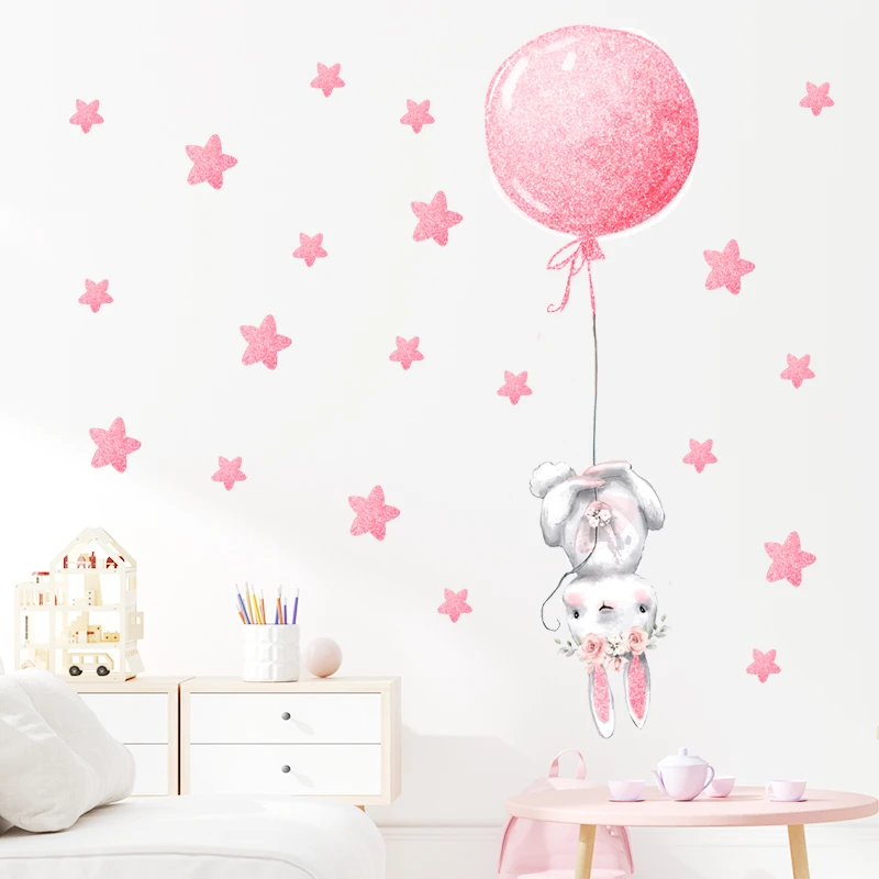 Autocollants Muraux Lapin Rose Dore Pour Fille Avec Ballon D Air Chaud Stickers Decoratifs Pour Chambre D Enfants Pour Chambre De Bebe Pour Fille Aliexpress