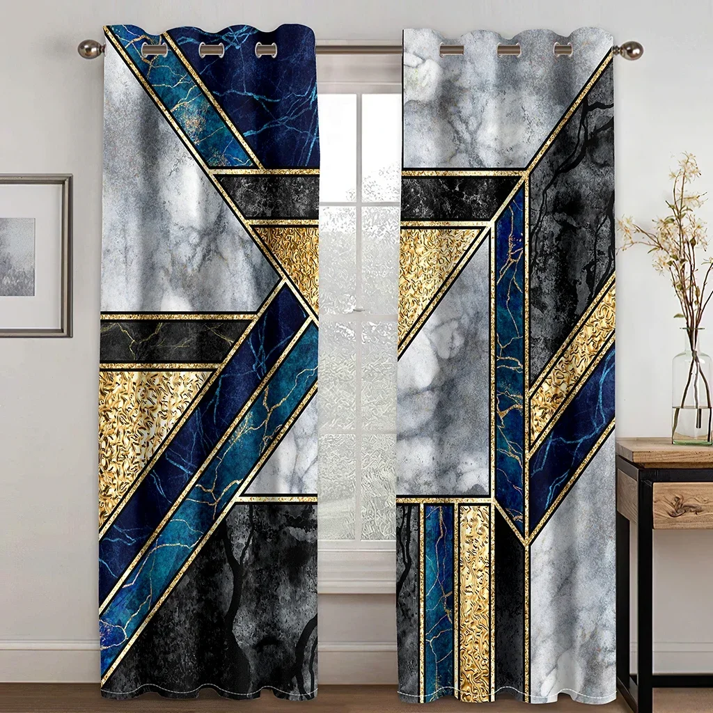 

Cheap Blue Gold Abstract Geometric Marble Design Series Modern Thin 2 Pieces Curtains for Living Room Bedroom Window Drape Decor
